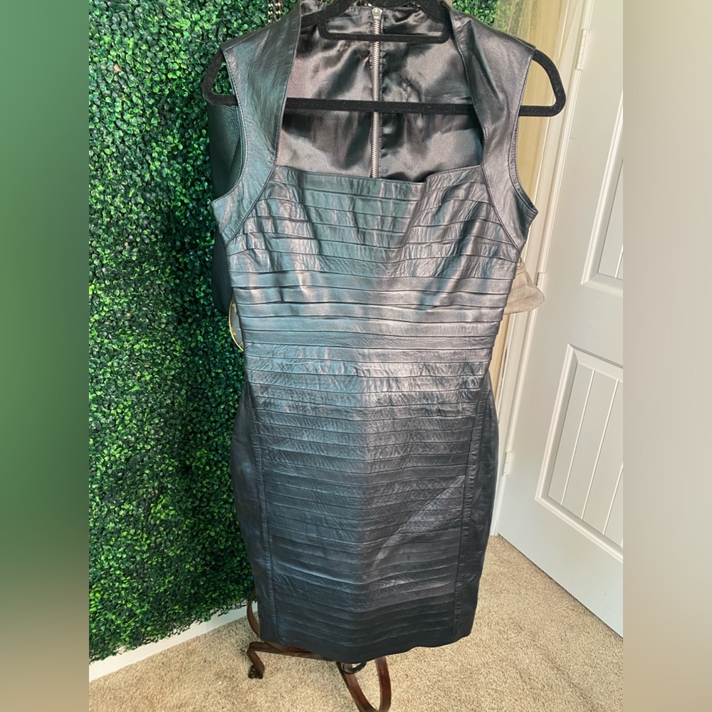 Sweetheart Pleated Black Leather Dress